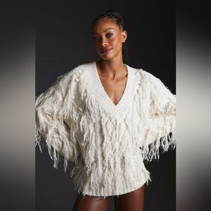 Anthropologie Fringed Pullover Knit Sweater Sequin Fringe in Ivory Large EUC